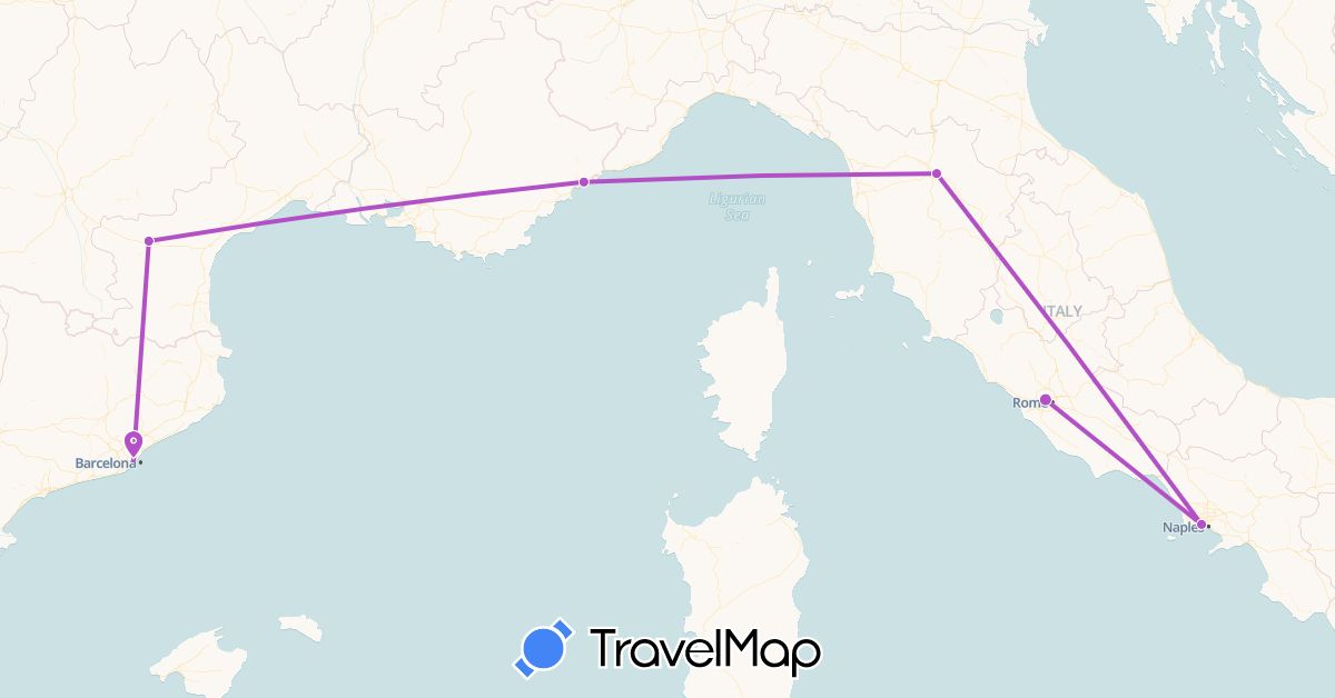 TravelMap itinerary: driving, train in Spain, France, Italy (Europe)